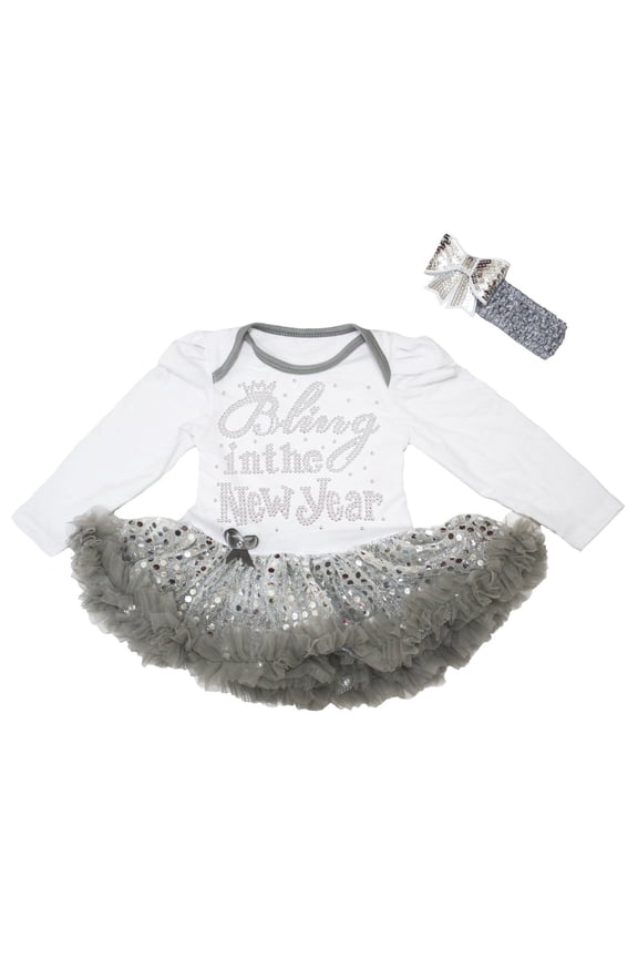 Petitebelle Rhinestones Bling in The New Year L/s Baby Dress Nb-18m (White/Silver Sequins, 12-18 Months)