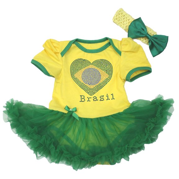Petitebelle Rhinestones Brazil Heart Baby Dress Nb-18m (Yellow/Green, 12-18 Months)