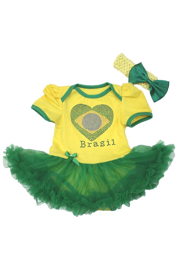 Petitebelle Rhinestones Brazil Heart Baby Dress Nb-18m (Yellow/Green, 6-12 Months)