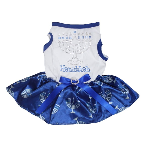 Petitebelle Rhinestones Candlestick Hanukkah Puppy Dog Dress (White/Blue Candlesticks, Medium)