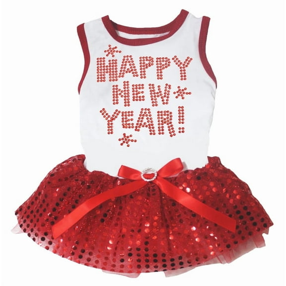 Petitebelle Rhinestones Happy New Year Puppy Dog Dress (White/Red Sequins, Small)