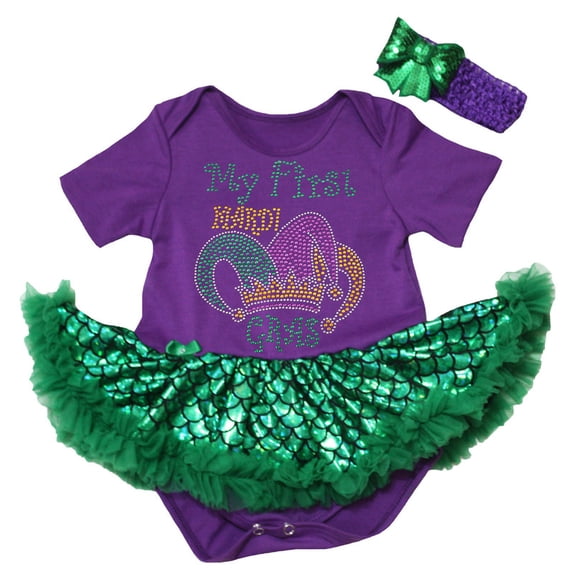 Petitebelle Rhinestones Mardi Gras Clown Hat Baby Dress Nb-18m (Purple/Green Mermaid, 0-3 Months)