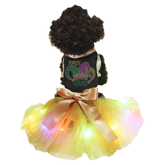 Petitebelle Rhinestones Mardi Gras Clown Hat Puppy Dog Dress (Black/Gold LED, X-Small)