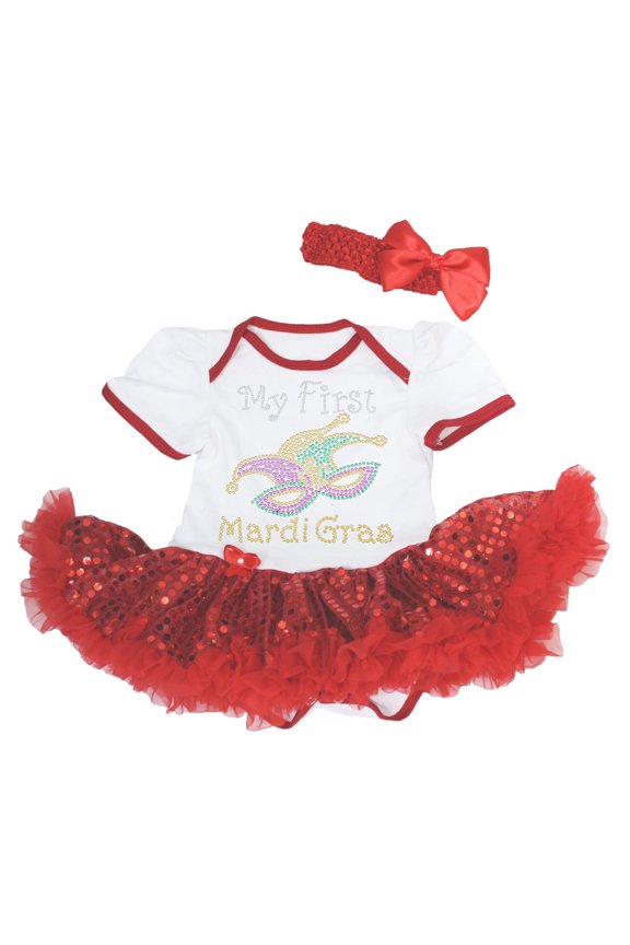Petitebelle Rhinestones Mardi Gras Eye Mask Baby Dress Nb-18m (White/Red Sequins, 12-18 Months)