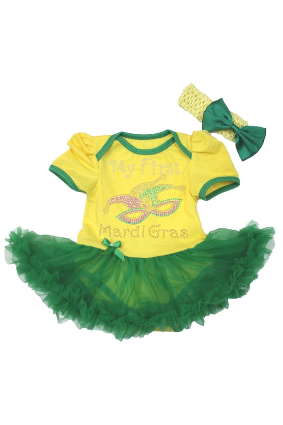 Petitebelle Rhinestones Mardi Gras Eye Mask Baby Dress Nb-18m (Yellow/Green, 6-12 Months)