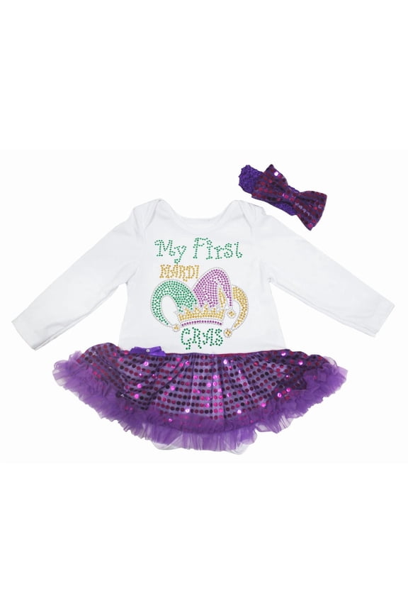 Petitebelle Rhinestones My First Crown Hat Mardi Gras L/s Baby Dress Nb-18m (White/Purple Sequins, 3-6 Months)