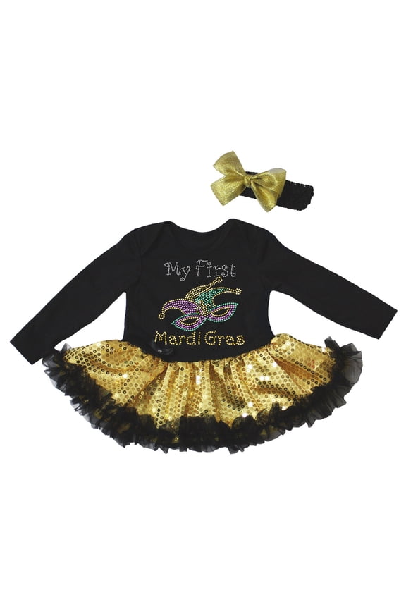 Petitebelle Rhinestones My First Crown Mask Mardi Gras L/s Baby Dress Nb-18m (Black/Yellow Sequins, 6-12 Months)