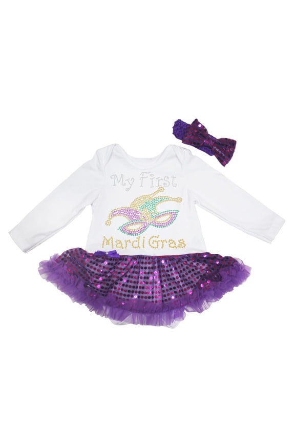 Petitebelle Rhinestones My First Crown Mask Mardi Gras L/s Baby Dress Nb-18m (White/Purple Sequins, 0-3 Months)