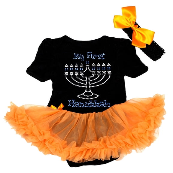Petitebelle Rhinestones My First Hanukkah Baby Dress Nb-18m (Black/Orange, 12-18 Months)