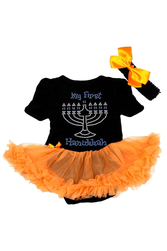 Petitebelle Rhinestones My First Hanukkah Baby Dress Nb-18m (Black/Orange, 6-12 Months)