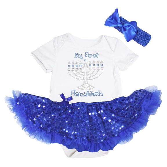 Petitebelle Rhinestones My First Hanukkah Baby Dress Nb-18m (White/Blue Sequins, 12-18 Months)