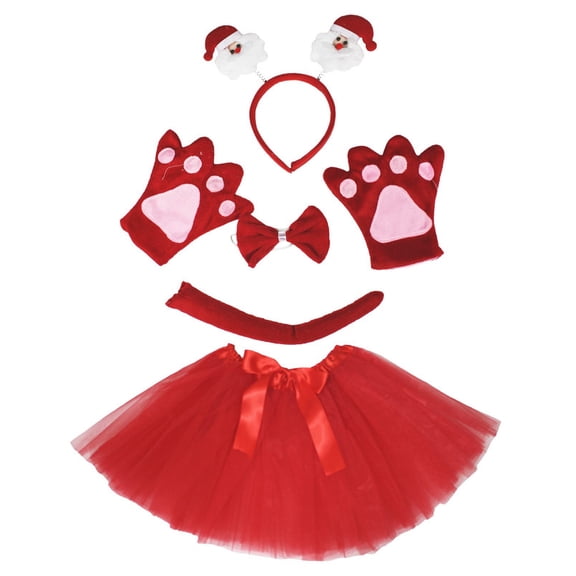 Petitebelle Santa Claus Headband Bowtie Tail Gloves Tutu 5pc Costume (Red, 5-10 Years)