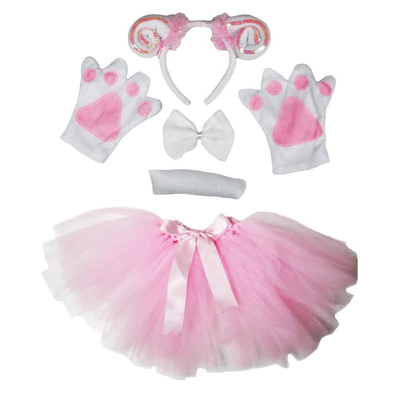 Petitebelle Sheep Headband Bowtie Tail Gloves Tutu 5pc Costume (Pink, 5-10 Years)