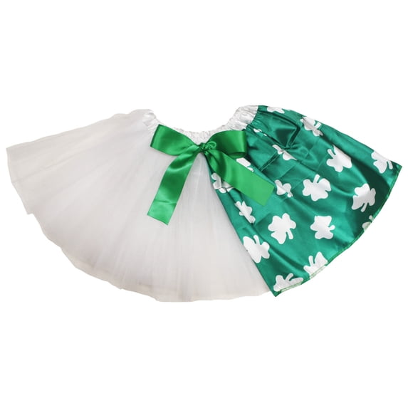 Petitebelle St Patrick's Day Theme Girl Tulle Tutu 1-10y (White/Clovers, 5-10 Years)