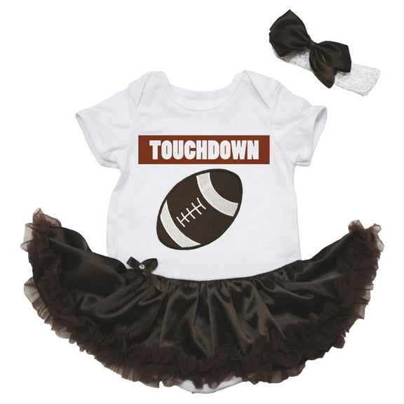 Petitebelle Touchdown Football Baby Dress Nb-18m (White/Brown Satin, 0-3 Months)