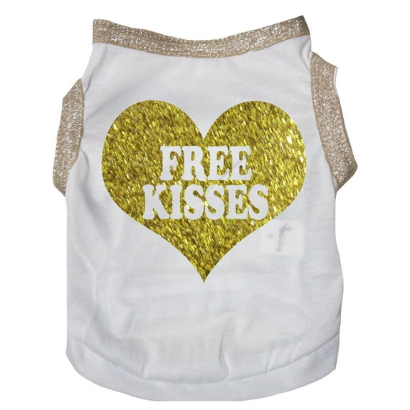 Petitebelle Valentine's Day 'Free Kisses' Heart Puppy Dog Shirt (White/Gold, Large)