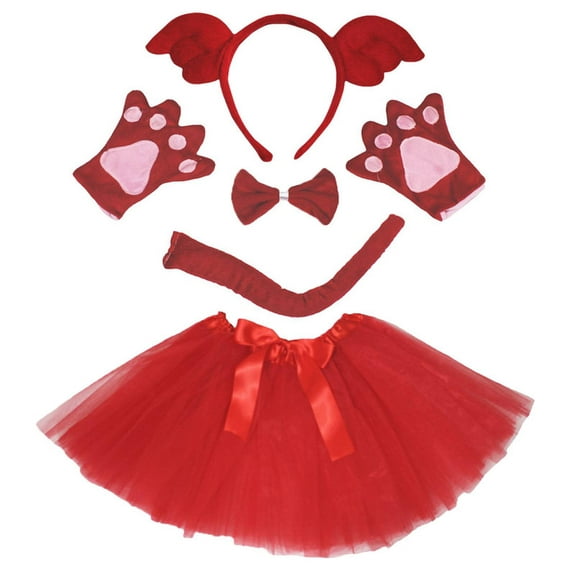 Petitebelle Wings Headband Bowtie Tail Gloves Tutu 5pc Costume (Red, 1-5 Years)