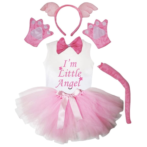 Petitebelle Wings Headband Bowtie Tail Gloves Tutu Shirt 6pc Costume (Pink, 5-6 Years)