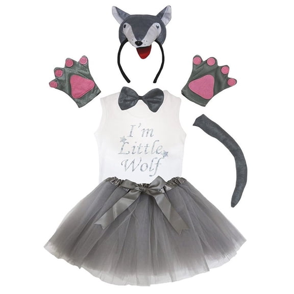 Petitebelle Wolf Headband Bowtie Tail Gloves Tutu Shirt 6pc Costume (Cutie Wolf, 1-2 Years)