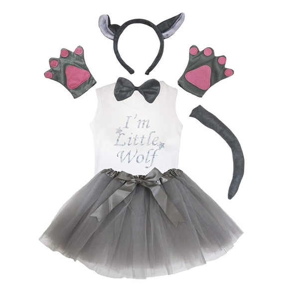 Petitebelle Wolf Headband Bowtie Tail Gloves Tutu Shirt 6pc Costume (Gray, 3-4 Years)