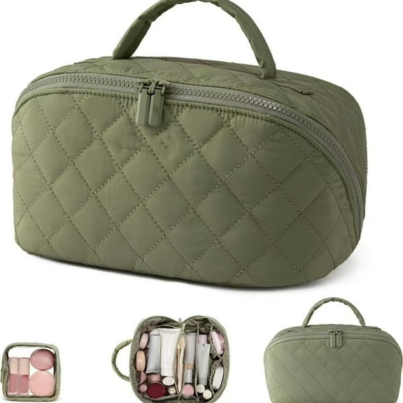 Petition Makeup Bag, Petition Makeup Bag for Woman, 180° Lay-Flat Design Wide Open Lay-Flat Water-Resistant Cosmetic Case with Dividers,Portable Make Up Bag for Travel Size Toiletries(Green)