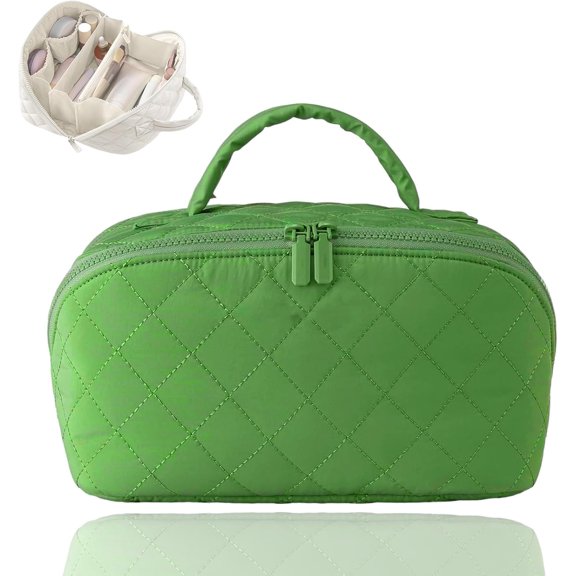 Petition Makeup Bag for Women,180° Lay-Flat Design,Water-Resistant, Puffy Padded Cosmetic Organizer With Large Capacity Compartments, for Toiletries & Brushes