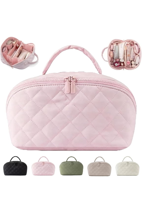 Petition Makeup Bag For Women, Wide Open Lay-Flat Water-Resistant Puffy Padded Organizer With Compartments, Large Capacity Handheld Portable Travel Storage Pouch For Toiletries