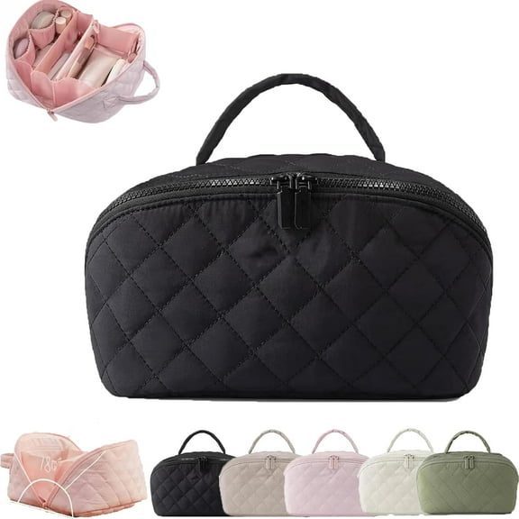Petition Makeup Bag for Women,Wide Open 180° Lay-Flat Cosmetic Case,Puffy Padded Organizer for Toiletries & Brushes Large Capacity with Compartments