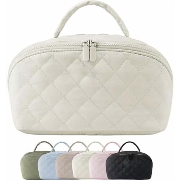 Petition Travel Makeup Bag for Women - 180° Lay-Flat Large Puffy Cosmetic Organizer with 5 Compartments, Machine Washable Puff Bag, Ideal Gift for Her