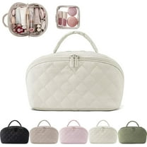 Petition Makeup Bag, Travel Makeup Bag for Women, PU Leather Toiletry Bag with 180° Wide Open Design, Water-Resistant Cosmetic Case for Brushes, Toiletries (Beige)