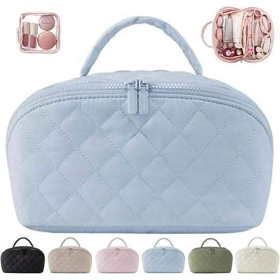 Petition Makeup Bag, Travel Makeup Bag for Women, PU Leather Toiletry Bag with 180° Wide Open Design, Water-Resistant Cosmetic Case for Brushes, Toiletries (Blue)