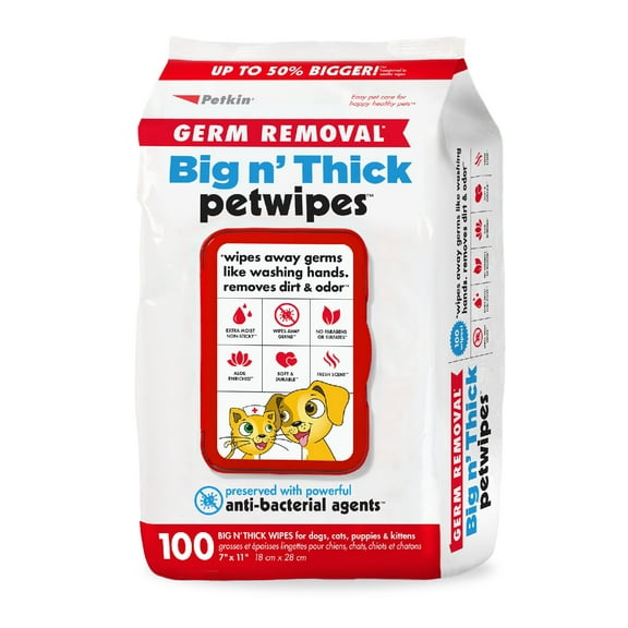 Petkin Big 'N' Thick Extra Large Germ Removal Wipes for Cats & Dogs.