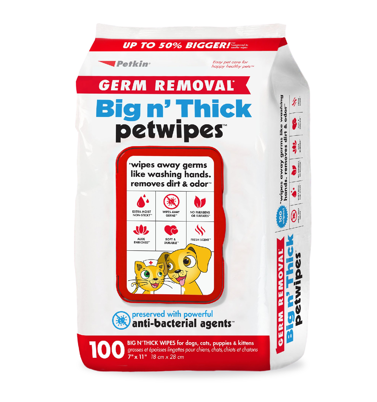 Toallitas extra grandes para eliminación de gérmenes Petkin Big 'N' Thick para gatos y perros