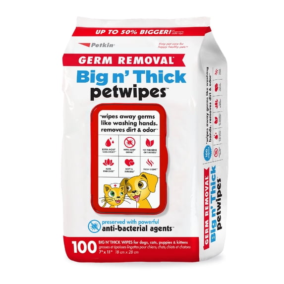 Petkin Big 'N' Thick Extra Large Germ Removal Wipes for Cats & Dogs.