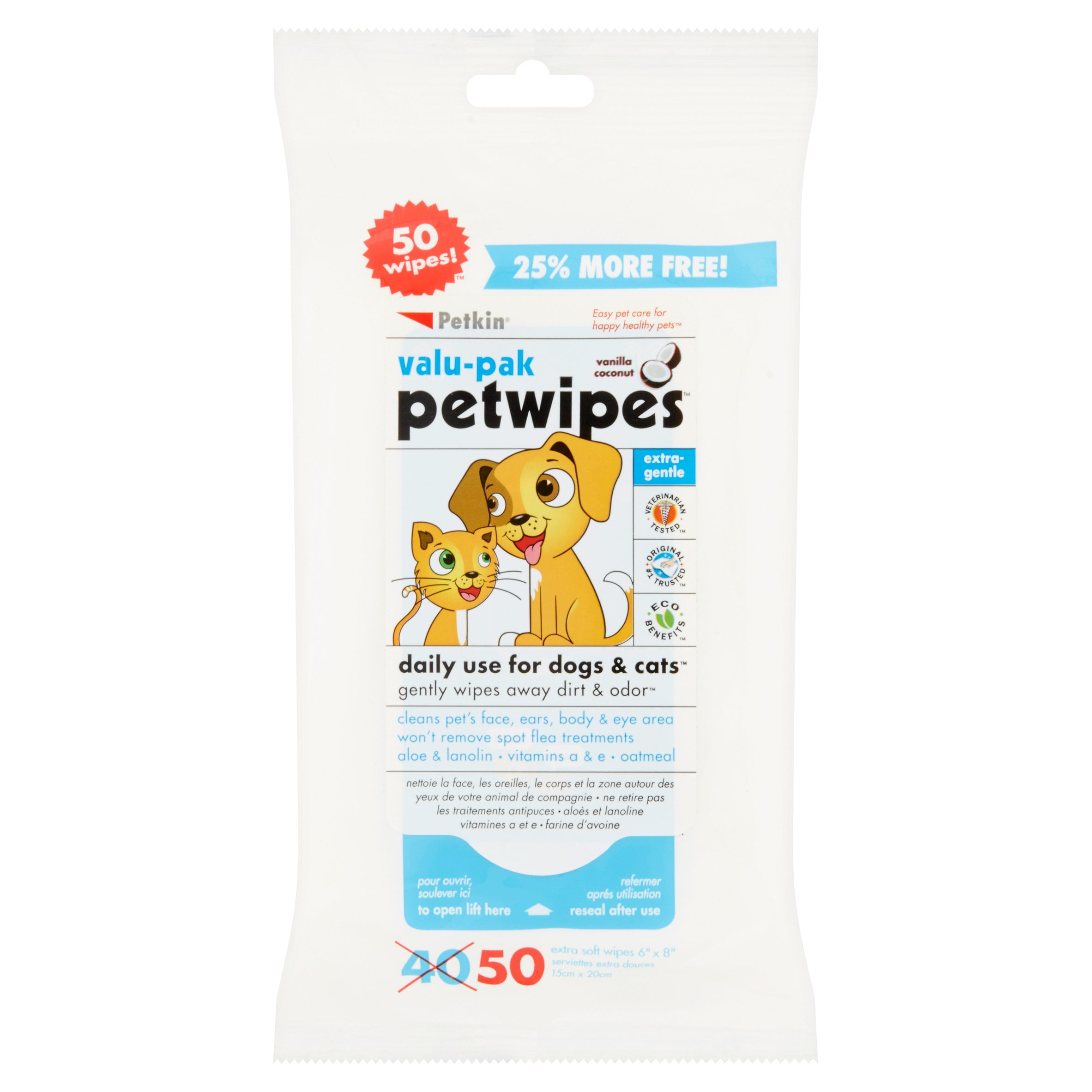Petkin Pet Wipes Vanilla Coconut, 50Ct. for Dogs& Cats.