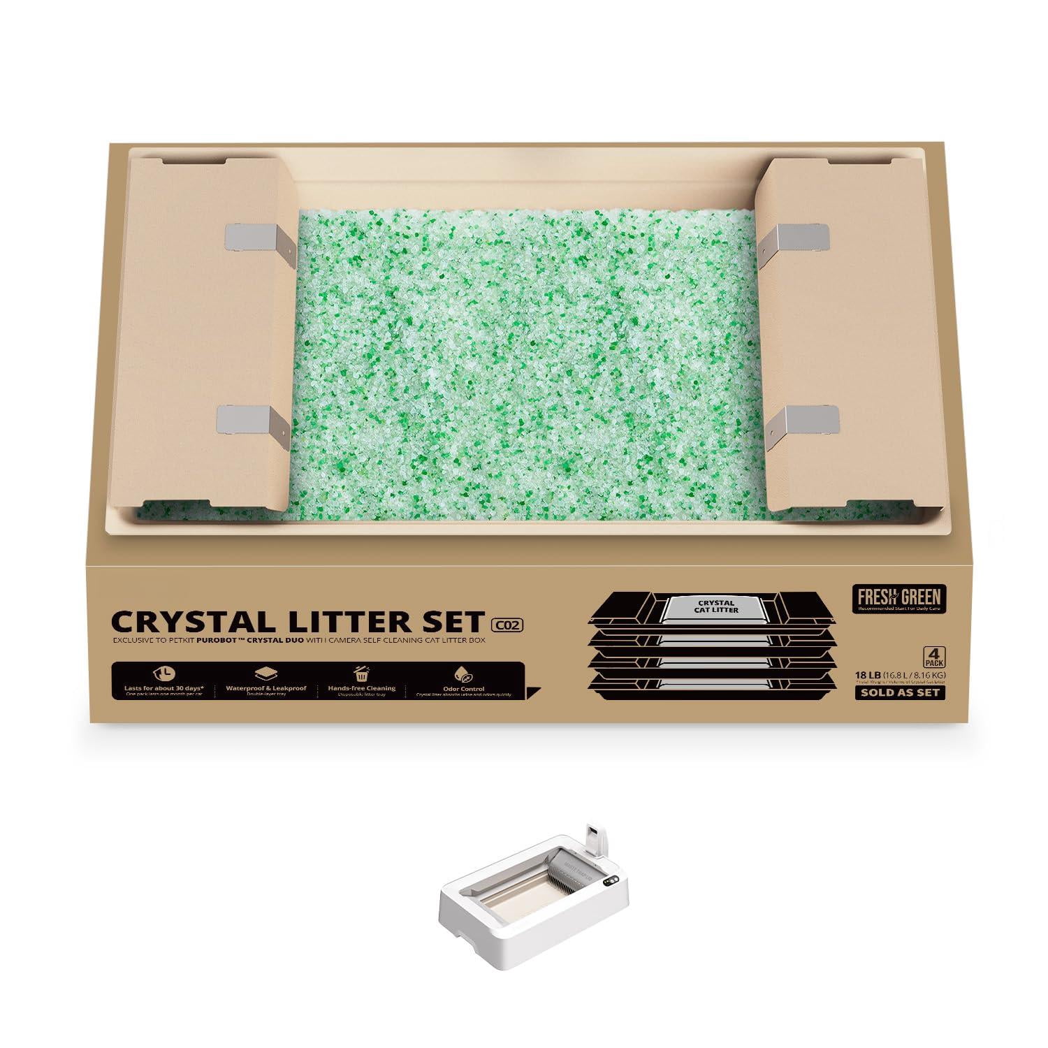 Petkit Crystal Cat Litter With Tray  Suitable For Purobot Duo Automatic Box Dust-free Mess-free No Refilling Odor Control (green-botanical Freshness 4.5 Lb*4 Packs)