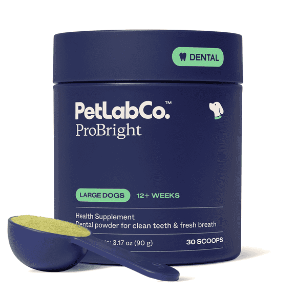 Petlab Co. - ProBright Dog Dental Powder – Dog Teeth Cleaning Made Easy - Targets Tartar & Bad Breath -Tailored for Large Dogs - Scoop Included