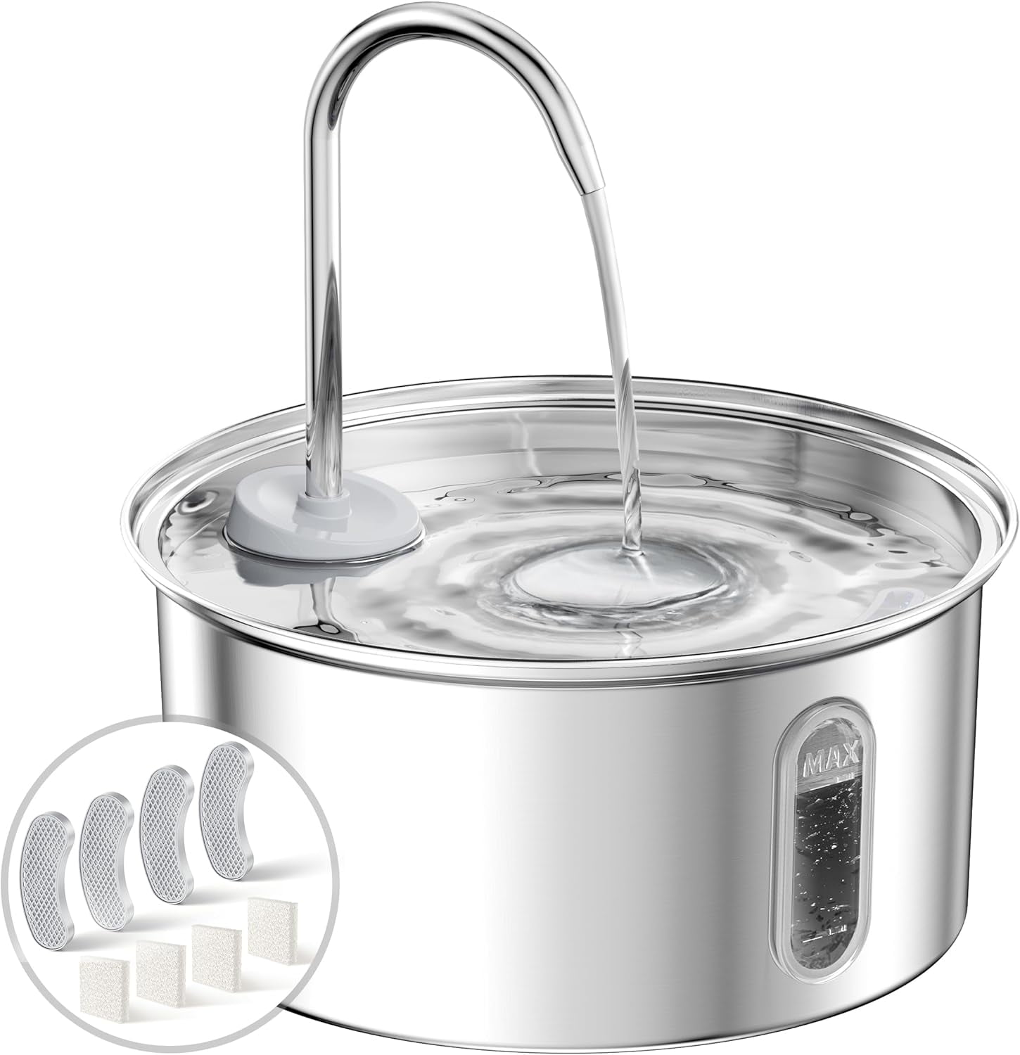 Petlipo Cat Water Fountain Stainless Steel, 108oz/3.2L Cat Fountain for Drinking, Pet Fountain Water Bowl Dog Drinking Dispenser, Super Quiet Kitty Spout with 4 Filters 4 Sponges (One in Filter Tray)