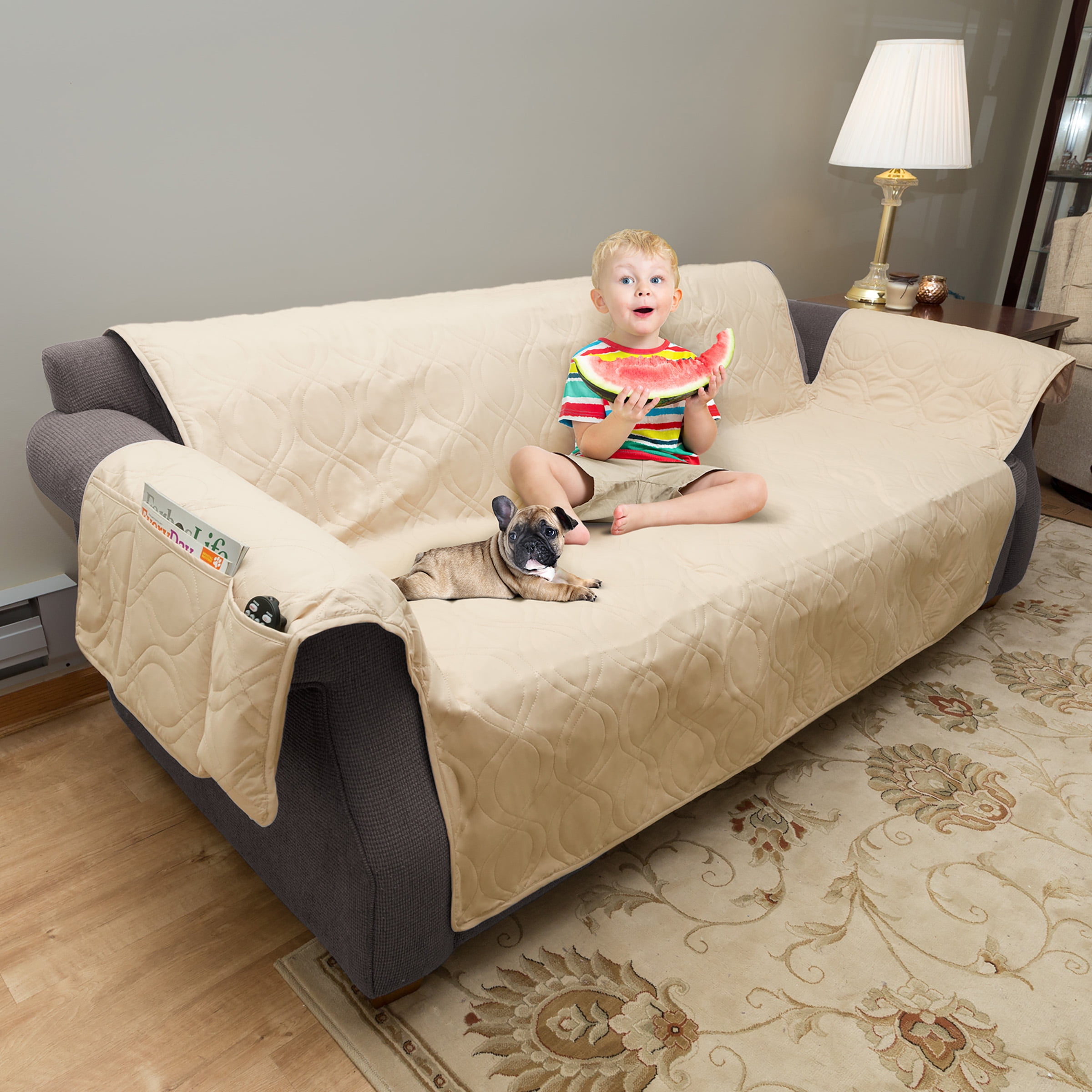 Petmaker Pet Couch Protector - Waterproof Furniture Sofa Cover for Dogs - with Non-Slip Straps (Tan)