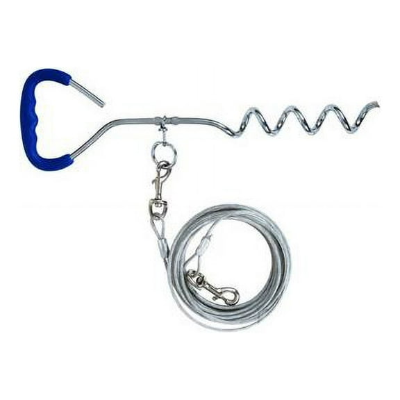 Petmate Aspen Pet Heavy Duty Dog 16" Stake & 15' Tie-Out Galvanized Steel Cable, for Dogs Up To 250 lb, Silver