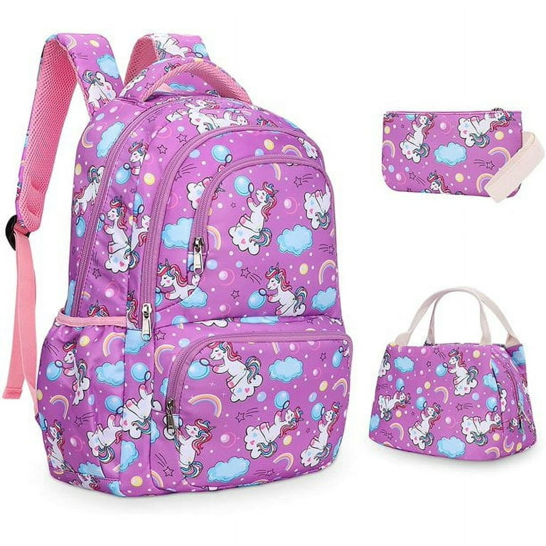 3pcs/set Kids School Bags Girls Children Backpacks Purple Unicorn