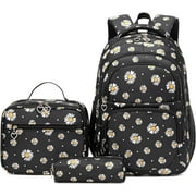 Petmoko Daisy Printed Backpacks With Lunch Pack Pencil Case 3pcs, Water Resistant Lightweight Bookbag For Middle School (Black) for Unisex Child