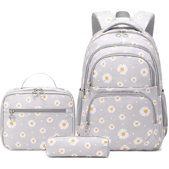 Petmoko Daisy Printed Backpacks With Lunch Pack Pencil Case 3pcs, Water Resistant Lightweight Bookbag For Middle School (Black) for Unisex Child