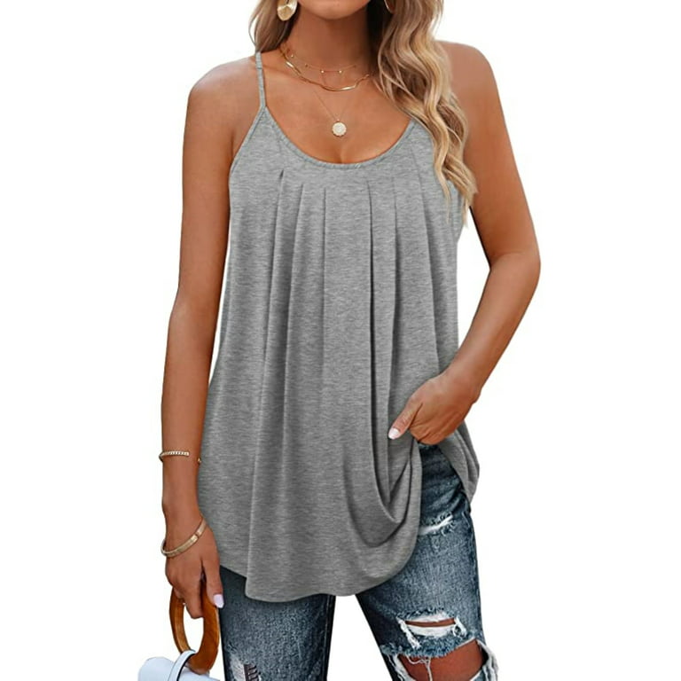 Petmoko Summer Beach Tank Tops for Women Pleated Adjustable Strap Camisole  Loose Fit Casual Sleeveless Gray M 