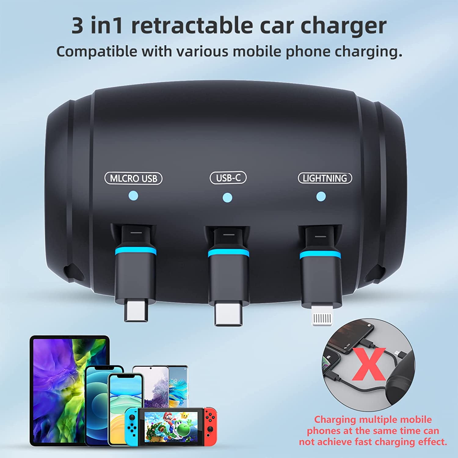Petmoko Universal Retractable Charging Station Box 3 in 1 Car Back Seat  Fast Power Charging Cable USB Type C Compatible with iPhone/iPad/Android 