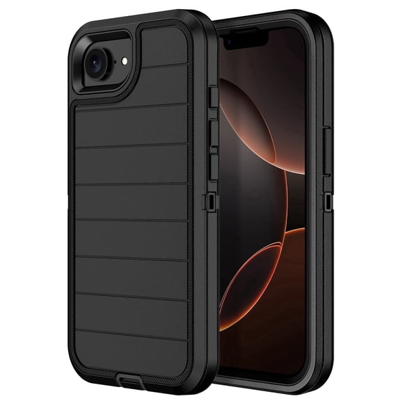 Petocase Case For iPhone 16e (2025) / iPhone 17e (2026) Case,Stripe Heavy Duty Shockproof Dust/Drop Poof 3 Layers Protection Rugged Cover Case 6.1 inch,Full Black
