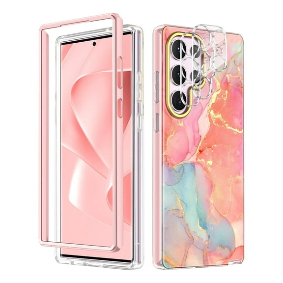 Petocase Compatible with Samsung Galaxy S23 Ultra 5G Case,[2 Camera Lens Protector ] Fashion Marble Pattern Slim Rugged Shockproof Phone Cover,White Purple