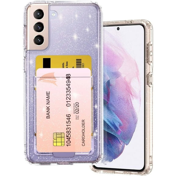 Petocase for Galaxy S21 Plus 5G Wallet Case,Card Holder Slot Plus Bling Slim Thin Clear Flexible TPU Gel Rubber Soft Skin Protective Phone Cover,Glitter Clear
