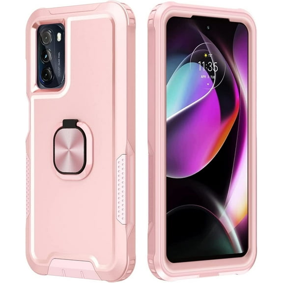 Petocase for Moto G 5G Case,Heavy Duty Full Body Shockproof Kickstand with 360° Ring Holder Support Car Mount Hybrid Bumper Silicone Hard Back Phone Cover,Rose Gold