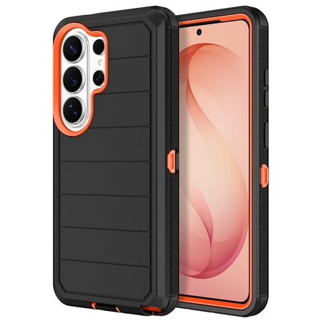 Petocase Phone Case for Samsung Galaxy S26 Ultra 5G,Shockproof Rugged Protection Heavy Duty Dust/Drop Proof 3-Layer Phone Cover,Black Orange